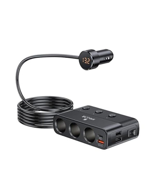 Stellar XC-28 Car Charger, 7-in-1 127W Fast Charging Adapter with 3 Cigarette Lighter Sockets, PD 30W + QC3.0 USB Ports, LED Voltage Display, Overcurrent/Overheat Protection, Universal 12V–24V Vehicles