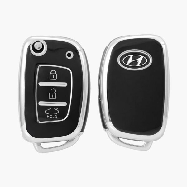 Keycare TPU Key Cover For Hyundai Creta, I20, Venue, Tucson, Alcazar, Grand I10, Aura, Xcent Flip Key | TP10 Silver Black