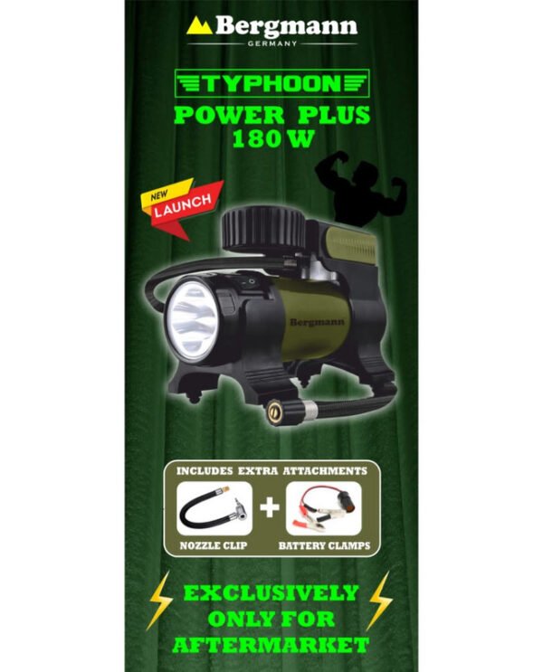 Typhoon Green Heavy Duty Metal Car Tyre Inflator | Built-in LED | 180W High Power | Bergmann BCT-180