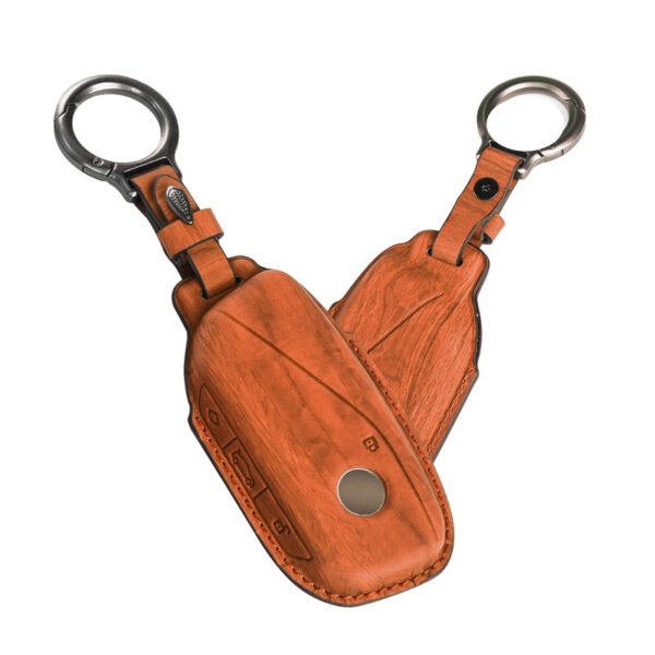 Keycare WDL-83 Wood Leather Series Key cover And Keychain Suitable For BMW X1,X7,XM,IX,I7 And X5 Smart Key | Available in Brown and Black Colour